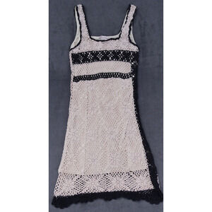 GLIMMER Crochet Sheath Dress Sz Small Tan Black Scallop Square Neck Cottage Core